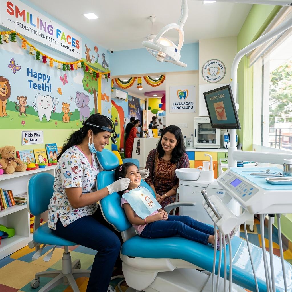 A friendly female dentist performing a dental check-up on a young girl in a colorful, child-friendly clinic at Smiling Faces Pediatric Dentistry in Jayanagar, Bengaluru.
