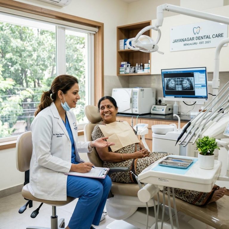 Top dentist in Jayanagar Bengaluru consulting a patient in a modern clinic