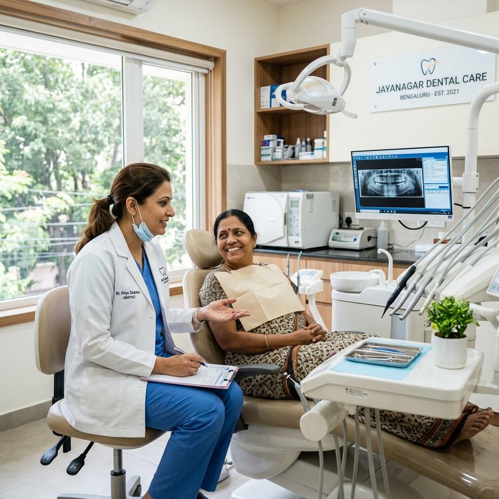 Top dentist in Jayanagar Bengaluru consulting a patient in a modern clinic