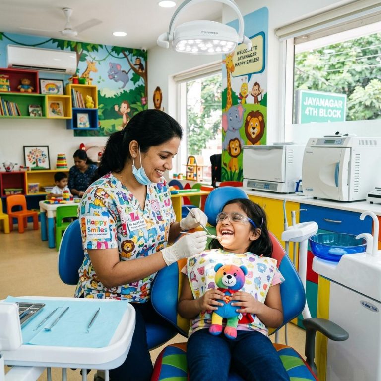 Pediatric dentist treating a child in a friendly dental clinic in Jayanagar Bengaluru