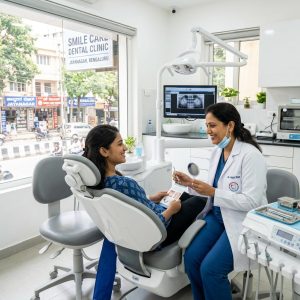 Affordable dental treatment consultation in Jayanagar Bengaluru clinic with dentist and patient