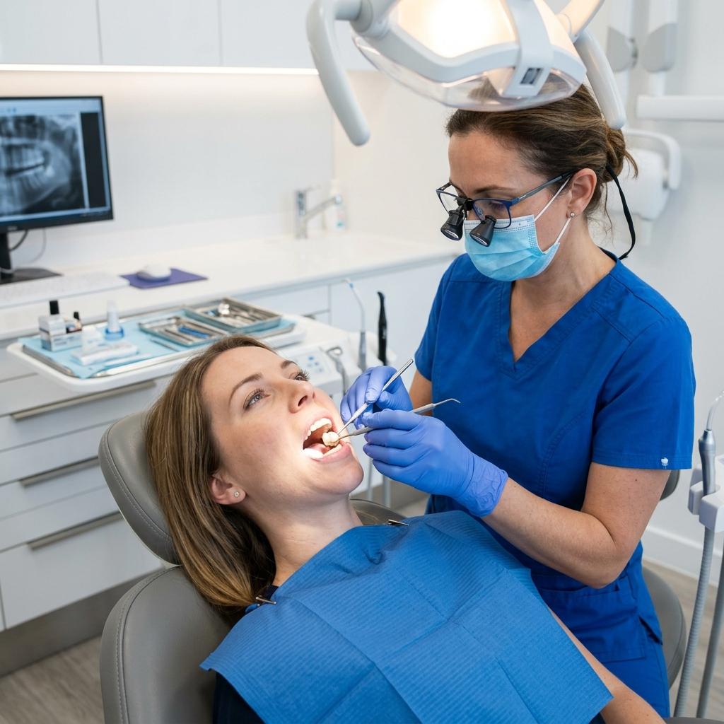 Female dentist performing a dental checkup on a smiling patient in a modern dental clinic